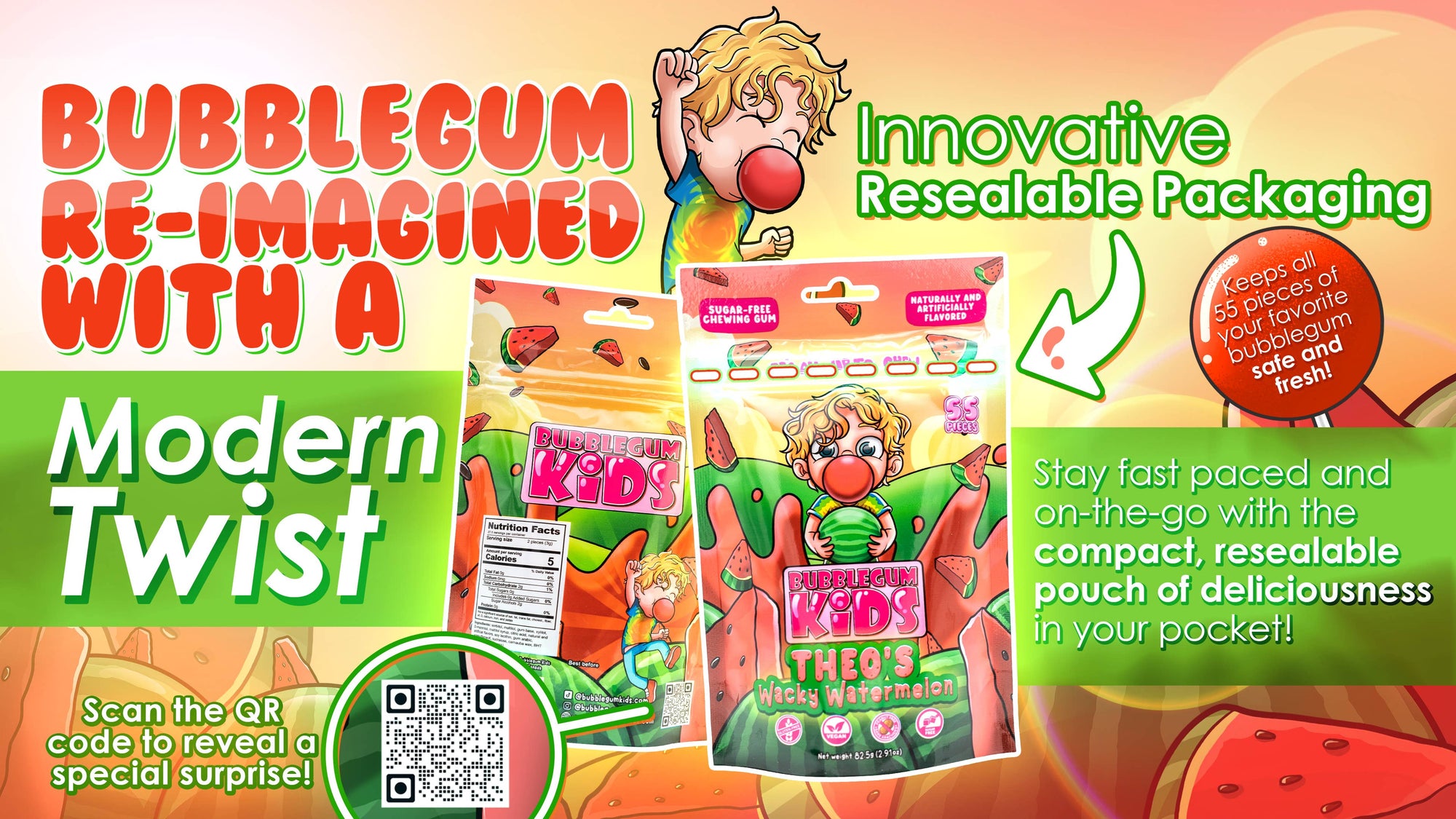 Theo&#39;s Wacky Watermelon (55 Pc) Watermelon Sugar Free Gum