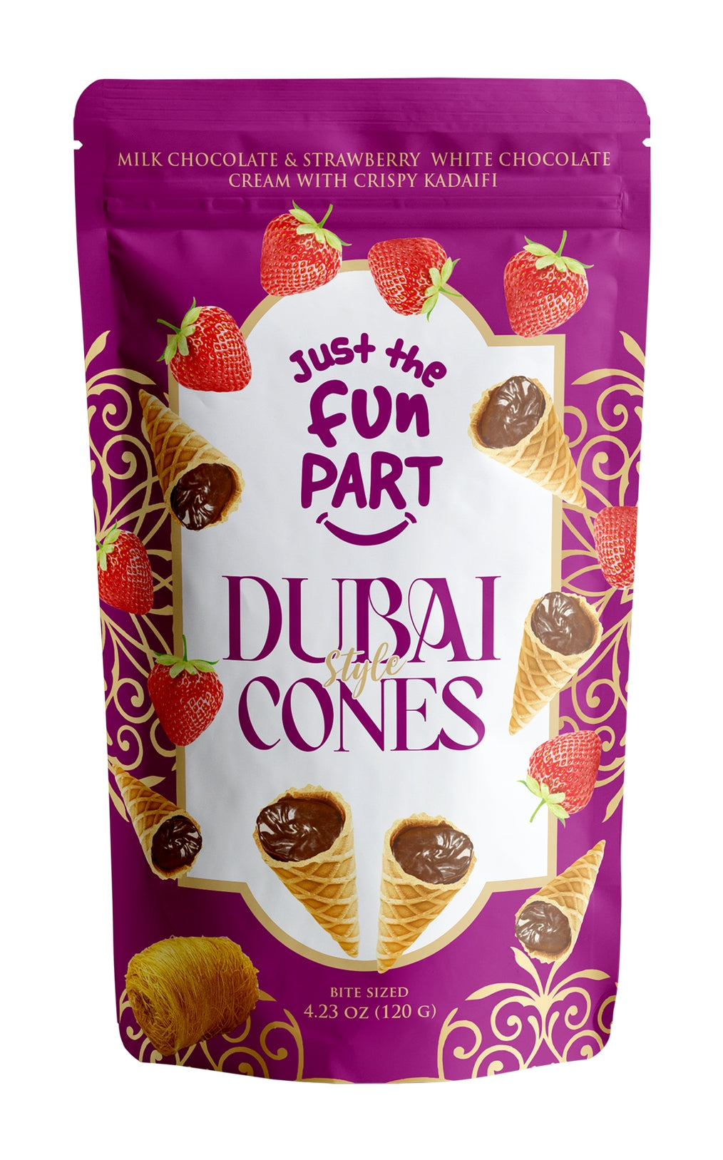 Dubai Style Cones Milk Chocolate &amp; Strawberry Cream with Crispy Kadaifi 120g